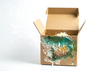 Opened cardboard box, moldy cake remnants