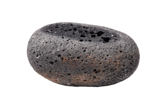 Close-up of a dark gray, porous stone.  It's oval-shaped, with a slightly irregular texture.  Visible are small holes and dark speckles