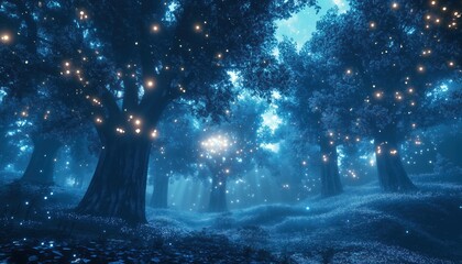 Enchanting Nighttime Fantasy Forest With Glowing Particles, Towering Trees, And Mythical Giants Rendered In Stunning Rasterized Detail.