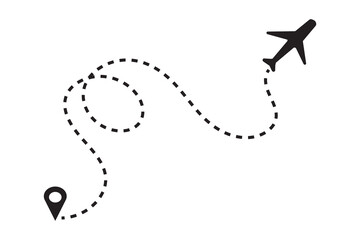 Airplane dotted route line icon isolated on white background. Flight route with start point and dash line trace for plane. Aircraft tracking way in black color. Vector illustration. 
