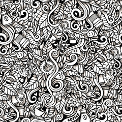 Doodle Art Seamless Pattern Coffee Beans Leaves Cups and Steam background