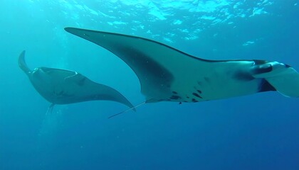 Naklejka premium Two majestic manta rays gracefully glide through the vibrant, deep blue ocean.