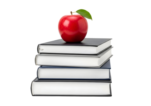 A vibrant red apple, symbolizing knowledge and education, rests atop a neat stack of assorted academic books, embodying the timeless pursuit of learning and intellectual growth
