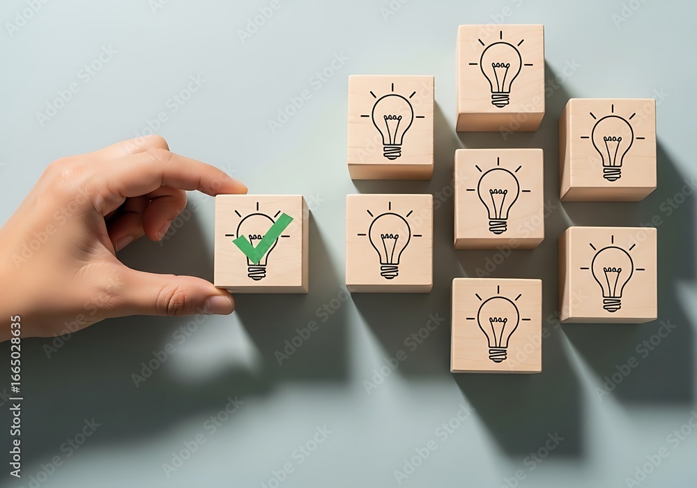 Poster hand selecting a block with a green checkmark out of many blocks with lightbulbs