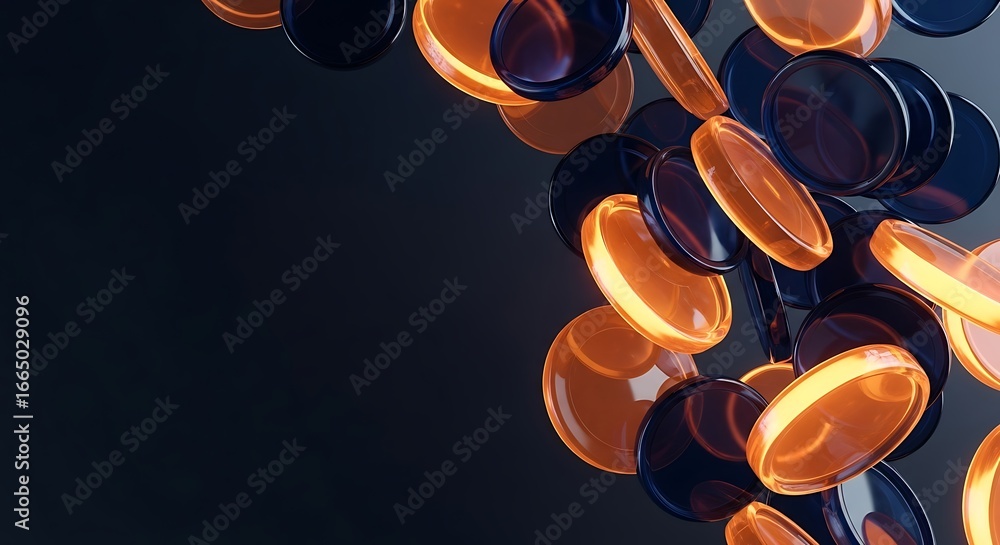 Poster abstract glowing discs against a dark background create depth and interest