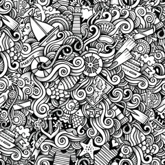 Nautical doodle seamless pattern with anchors and lighthouses marine