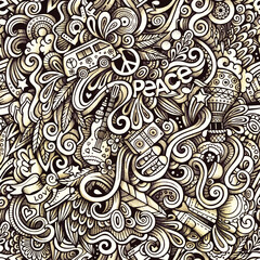 Sepia Tone Doodle Art with Peace Symbols and Van pattern