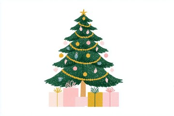 Colorful illustration of a decorated Christmas tree with ornaments and presents underneath, creating a festive atmosphere for holiday celebrations and seasonal joy