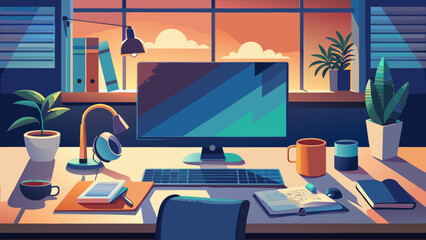 Illustration of a desk with computer and accessories