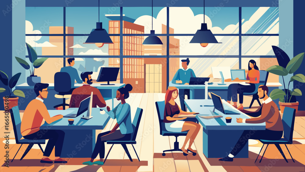 Poster people working in an open office with large windows view