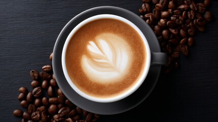 Obraz premium A beautifully crafted latte in a black cup sits on a dark surface. Coffee beans surround the drink. This image captures the essence of coffee culture. Perfect for cafes and food blogs. AI