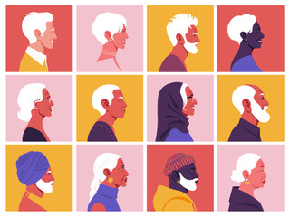 A set of elderly people’s faces in profile. Different races and nations. Diversity. Side view. Society and population. Vector flat Illustration