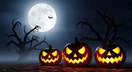 Three Glowing Jack-o'-lanterns Under a Full Moon with Spooky Trees and a Bat