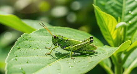 Grasshopper on a Leaf with Water Droplets