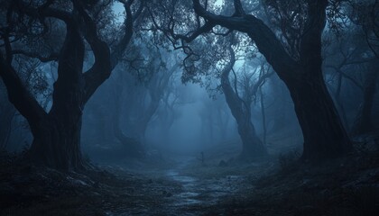 Enchanted Halloween Woodland: Mysterious Nighttime Forest Of Witches And Dark Trees, Alive With Fantasy And Magic, Perfect For Halloween.