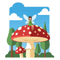 Fototapeta premium A whimsical illustration of a fairy with delicate wings sitting atop a large red and white spotted mushroom in a lush forest setting.