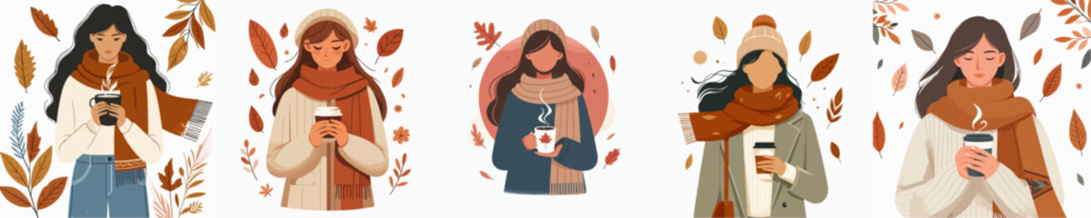 vector of half body a woman enjoying coffee to warm the body in autumn