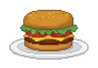 8-bit hamburger on plate, isolated, use in a video game or retro-themed menu