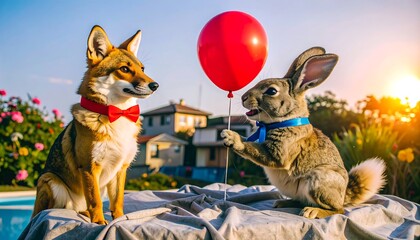 Playful fox and rabbit outdoors, holding a red balloon, in a sunny backyard setting.
