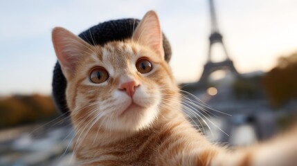 A stylish cat in a cozy hat poses in front of an iconic landmark. This charming image captures the essence of exploration and adventure. Perfect for animal lovers and travel enthusiasts. AI