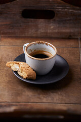 Cup of coffee on wooden background. Soft focus. Copy space	