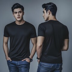 Fototapeta premium Stylish Man in Black T-Shirt Mockup Front and Back View