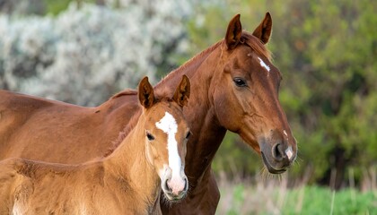 Fototapeta premium Two brown horses, a mother and foal, stand close together in a field with a soft, natural background.