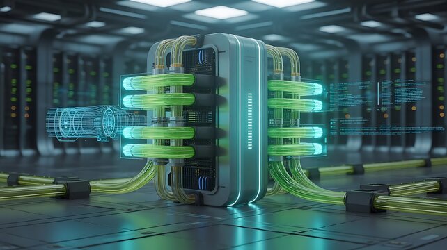 Futuristic Server Room with Advanced Cooling System and Data Visualizations for High Performance Computing and Secure Cloud Infrastructure - Powered by Adobe