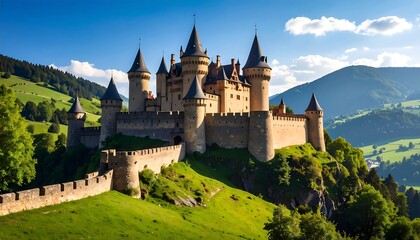 Fototapeta premium Majestic medieval castle atop a hill, surrounded by lush green valley