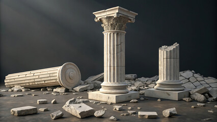 Ancient Greek columns in ruins, dramatic scene of history and decay