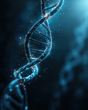Glowing DNA strand, scientific research, dark background, genetic code study
