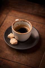 Cup of coffee on wooden background. Soft focus. Copy space	