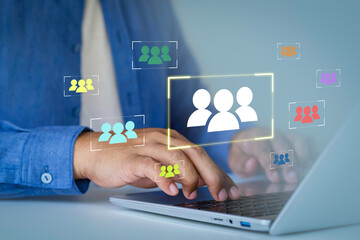 Niche marketing and personalization concept. Marketing segmentation strategy and consumer analysis. Marketer using laptop computer to analyze target customer data.