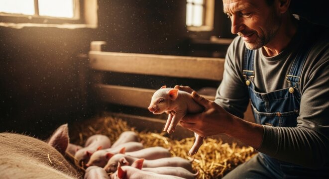 A Farmer's Tender Care: Gently Holding a Newborn Piglet in a Dusty, Sunlit Barn. - Powered by Adobe