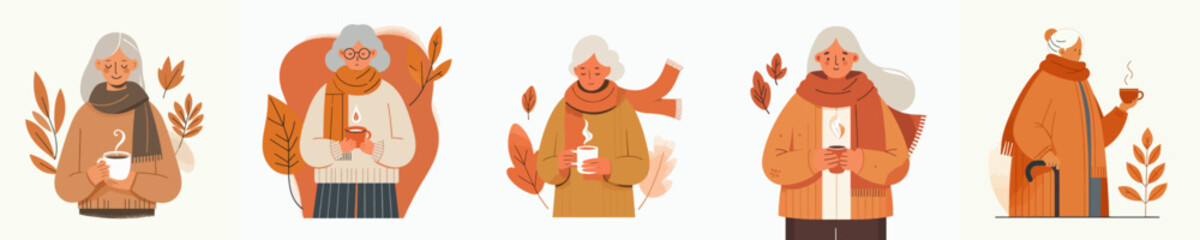 vector of a half body grandmother enjoying coffee to warm the body in autumn