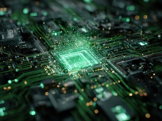 Fototapeta premium Computer Chip Glows Green with Activity on the Board, a Tech Concept Background