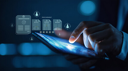 Digital technology in finance procurement with human hand touch on smartphone. Business future with touch screen innovation. Web background global network.