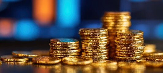 The gold coin stacks on a reflective surface with colorful bokeh background lights