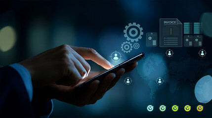 Procurement in the digital business future. Finance technology and innovation concepts. Web touch screen connectivity with human hand touch on smartphone.