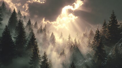 Naklejka premium Sunbeams pierce misty mountain forest