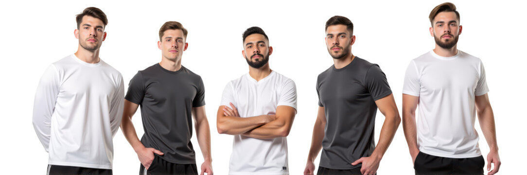 Stylish men wearing casual t shirts in various colors, showcasing modern fashion and confidence. Perfect for sports or everyday wear - Powered by Adobe