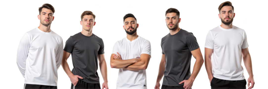 Stylish men wearing casual t shirts in various colors, showcasing modern fashion and confidence. Perfect for sports or everyday wear