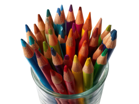 Assortment of sharpened colored pencils in a glass against black background drawing writing, Isolated, Png Transparent Background