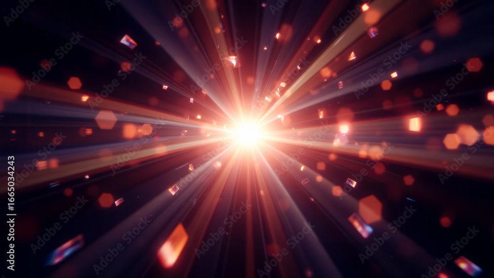 Poster bright explosion of light with dynamic rays and colorful particles in dark background