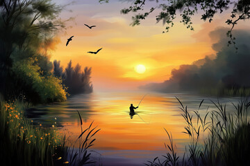 Angler fly fishing in a serene coastal estuary, with a beautiful sunrise in the background