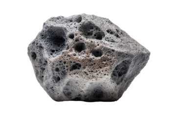 Close-up of a textured, irregular rock.  Rough, pitted surface with light and dark gray tones.  Isolated on black background