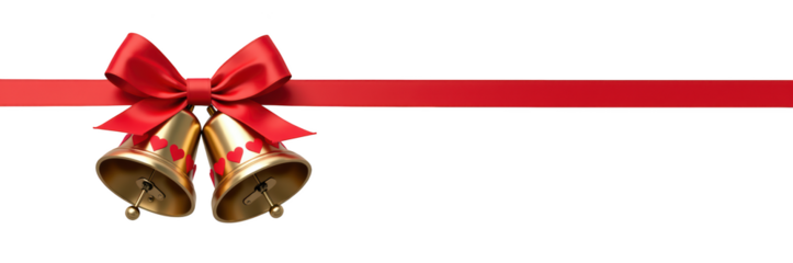 Golden bells red ribbon hearts festive decoration holiday ornament celebration Christmas New Year gift wrapping party accessory shiny traditional