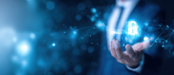 The digital padlock hologram in businessman hand symbolizing cybersecurity and data protection