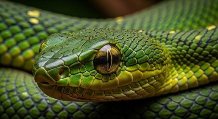 Fototapeta premium Emerald Tree Boa Close-Up - Intricate Scales and Captivating Gaze in Lush Green.