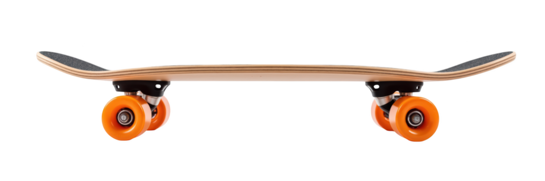 Sleek skateboard with orange wheels, designed for smooth rides and tricks, showcasing minimalist wooden deck and sturdy construction